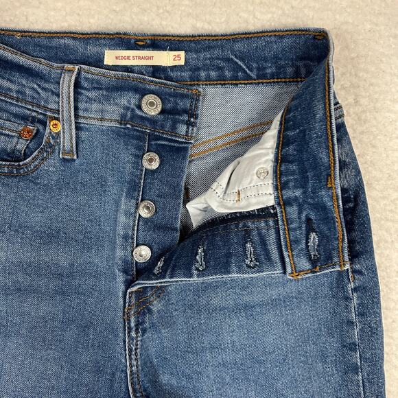 Levis Wedgie Straight Jeans Womens 25 Blue Summer Love Hi Rise Buttonfly Stretch - Picture 5 of 10